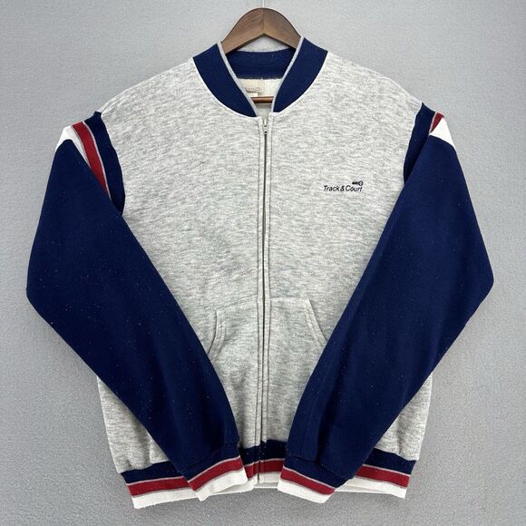 70s USA Track & Court Gray Tennis Zip Up Jacket SOFT Unisex L VTG Gym Retro Prep - Picture 1 of 9